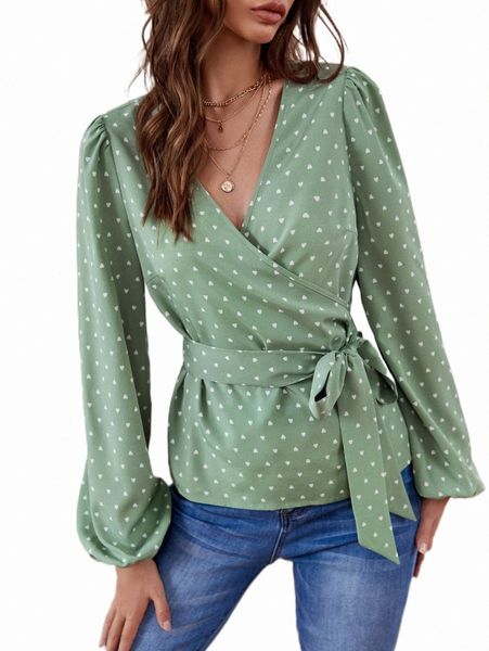 

women's blouses & shirts heart print lantern sleeve tie front blouse n7os#, White
