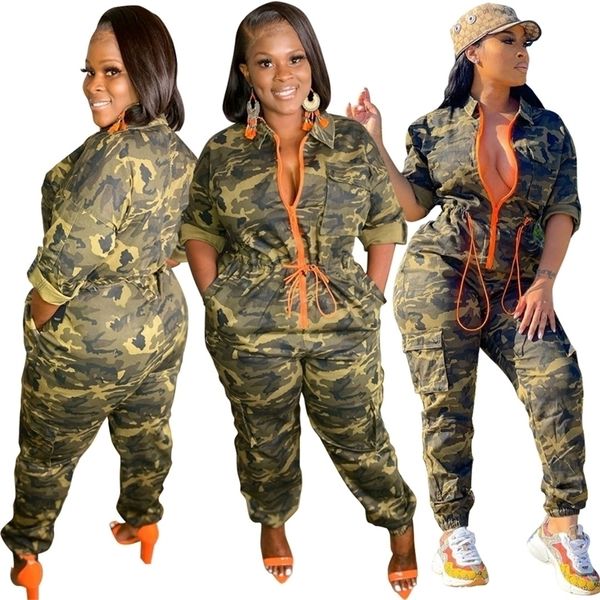 

plus size s-3xl 4xl 5xl women camouflage jumpsuits spring autumn zipper rompers cardigan bodysuit waist closing one-piece tracksuits, Gray
