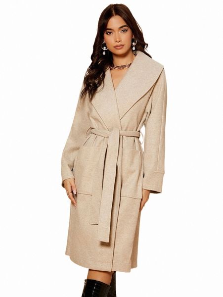 

women's down & parkas shawl collar patch pocket belted overcoat w28f#, Black