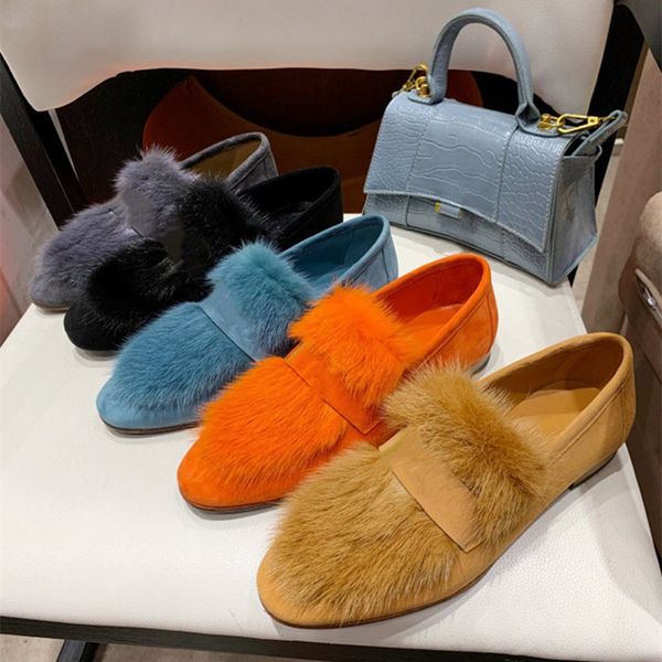 

slippers women casual shoes flat womens luxury designer autumn winter mink hair loafers shoes suede calf skin muller shoe brand classic flat, Black