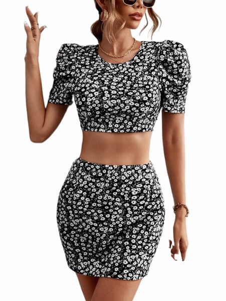 

two piece dress ditsy floral puff sleeve crop & skirt d9b0#, White