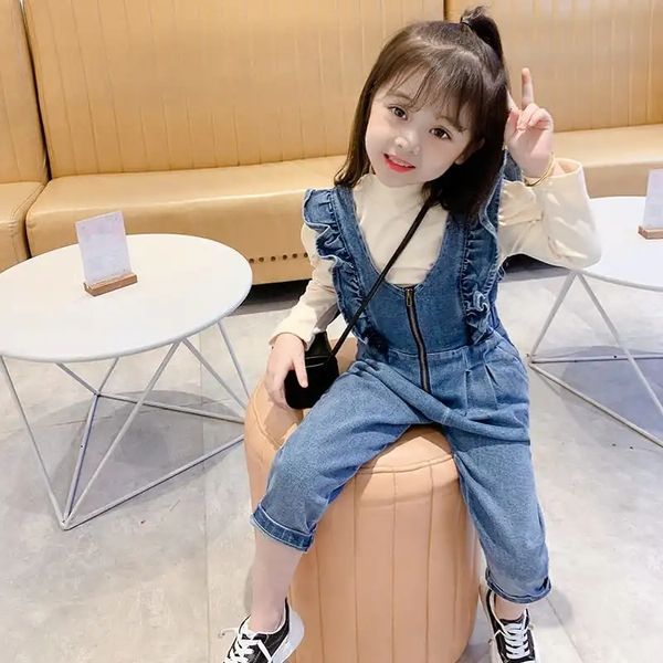 

overalls 1 piece girls' denim jumpsuits spring autumn trousers children's ruffles overalls girl fashion loose denim suspenders 220, Blue