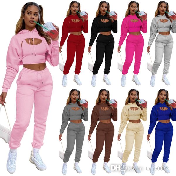 

fall winter women hooded tracksuits sweatsuits 3 piece set plush drawstring hoodies with cotton vest sweatpants jogging suit, Gray