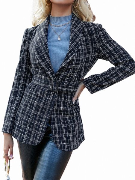 

women's down & parkas simplee plaid tweed belted overcoat 36a5#, Black