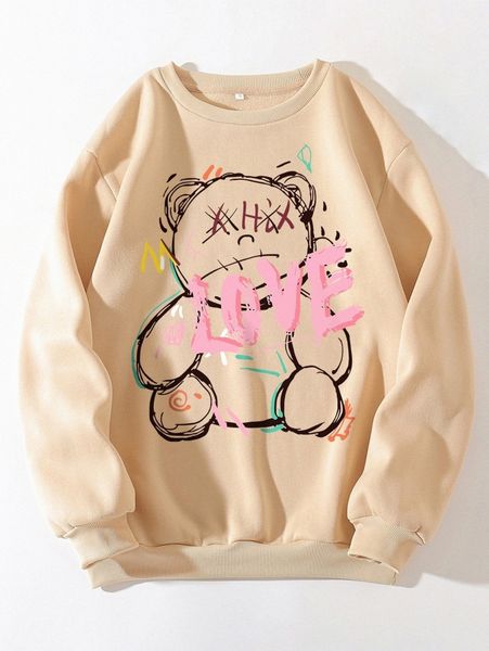 

women's hoodies & sweatshirts bear and letter graphic thermal pullover 85gx#, Black