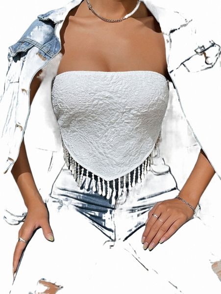 

women's t-shirt jacquard fringe trim bandana hem crop tube 05uz#, White