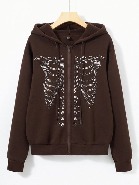 

women's hoodies & sweatshirts rhinestone skeleton pattern drawstring thermal hoodie f7lq#, Black