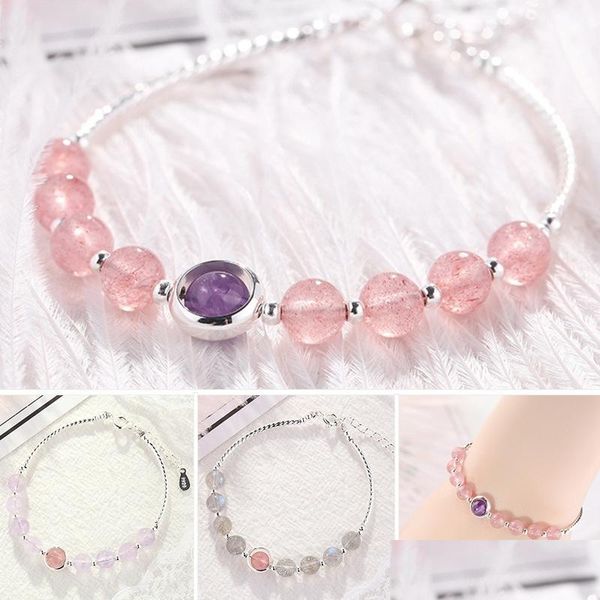 

beaded strands stberry crystal amethyst moonstone beads bracelet female temperament gold plating bangle lucky transfer natural stone dhwoj, Black