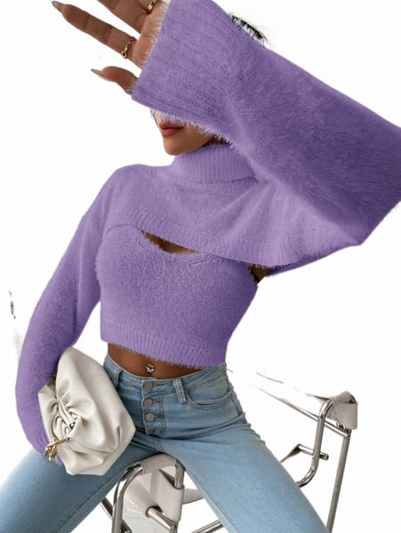 

women's sweaters turtleneck super crop fuzzy sweater & cami knit u1k1#, White;black