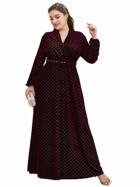 

plus size dresses plus shawl neck grid print belted velvet dress s2pg#, Black