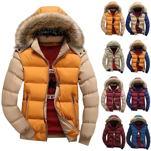 

men's down parkas fashion men's autumn winter patchwork cotton padded hooded long sleeve loose zipper down coat casual jacket masc, Black