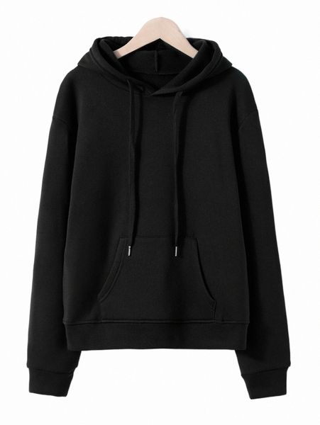 

women's hoodies & sweatshirts solid drawstring kangaroo pocket drop shoulder thermal hoodie w6vb#, Black