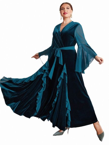 

plus size dresses plus ruffle trim belted velvet dress a89h#, Black
