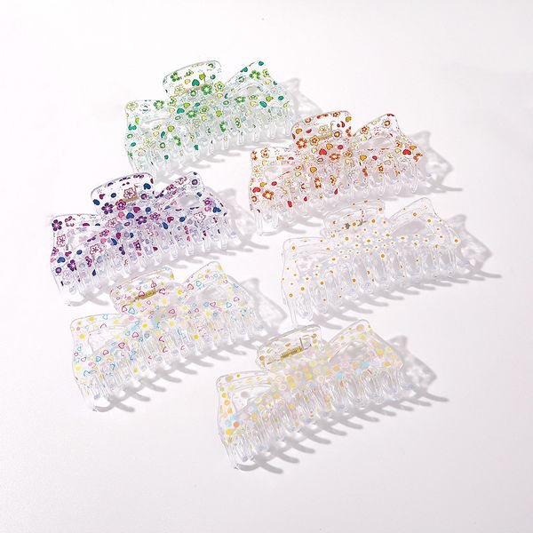 

women plastic m-shaped hair clamp clips dot heart flower printing large hair claw clip length 13.6 cm transparent hairpins for female headdr, Slivery;golden