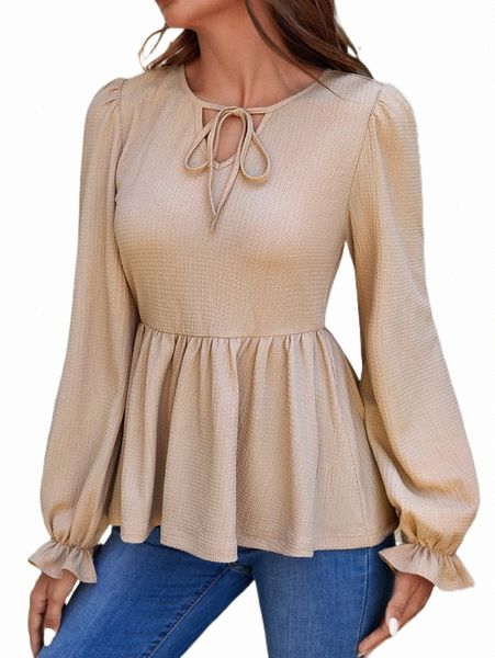 

women's t-shirt tie neck flounce sleeve peplum tee v2a3#, White