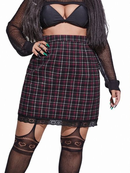 

plus size pants plus plaid print lace trim wool-mix skirt p15i#, Black