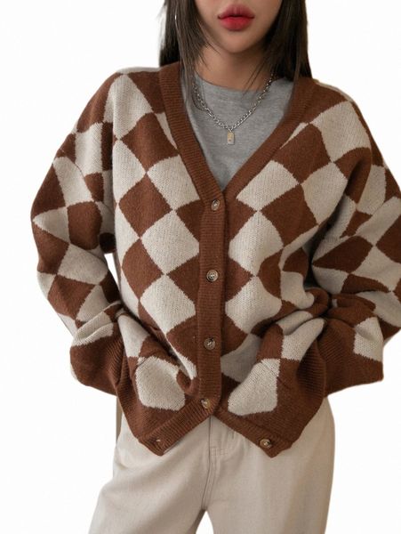 

women's sweaters dazy argyle pattern drop shoulder cardigan v423#, White;black