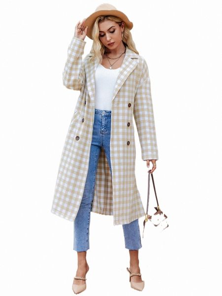 

women's down & parkas simplee gingham double breasted drop shoulder belted overcoat z7a3#, Black