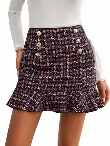 

skirts high waist houndstooth fake button ruffle hem tweed skirt e9z2#, Black