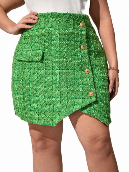 

plus size pants plus plaid pattern asymmetrical hem tweed skirt s1zi#, Black