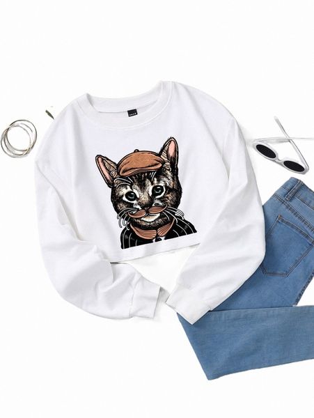 

women's hoodies & sweatshirts x real eyes project cat print drop shoulder sweatshirt 288f#, Black