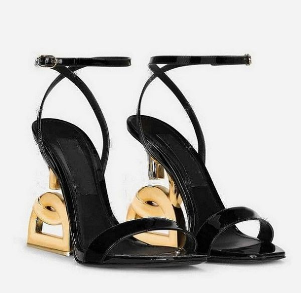 

famous women keira sandals shoes polished calfskin baroquel heels patent leather lady pop heel gold-plated carbon gladiator sandalias party, Black