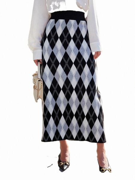 

women's sweaters argyle pattern high waist knit skirt l9v1#, White;black