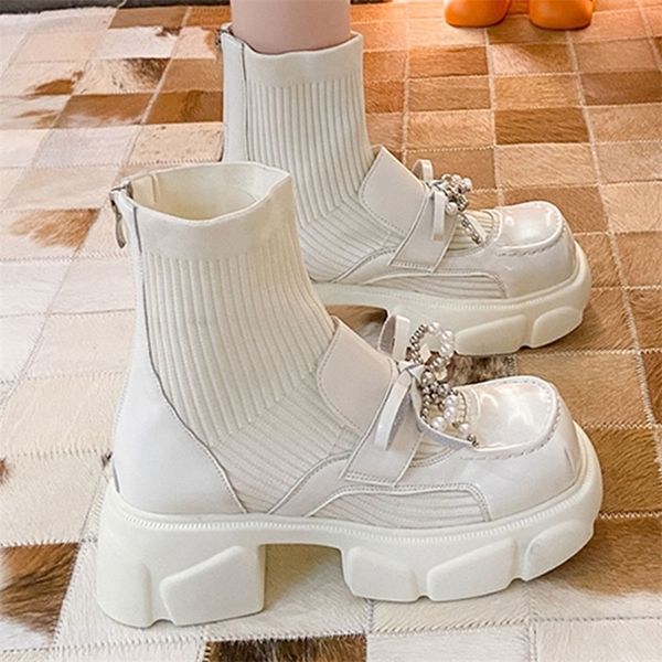 

boots women flats platform pearl knitting ankle sock boots winter bow chelsea boots fashion thick casual shoes snow botas 220908, Black