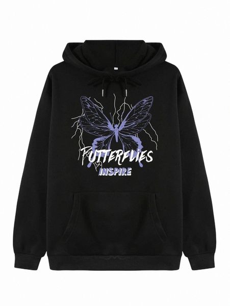 

women's hoodies & sweatshirts butterfly & letter graphic hoodie h8dr#, Black