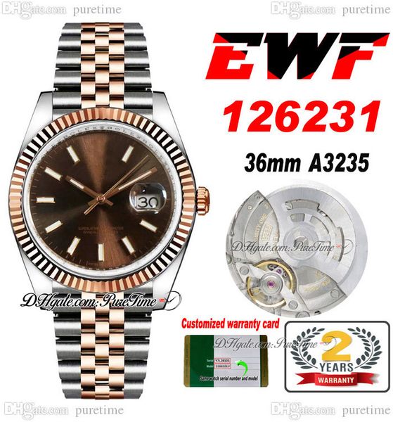 

ewf just 126231 a3235 automatic watch mens ladies 36 two tone rose gold brown stick dial jubileesteel bracelet super edition same series car, Slivery;brown