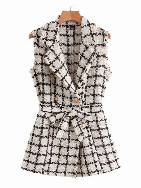 

women's down & parkas plaid pattern raw trim belted tweed vest overcoat p38f#, Black
