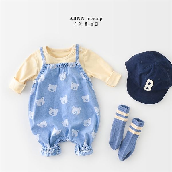 

overalls infant baby boy girl clothes cartoon bear cowboy romper jumpsuit cute spring toddler sleeveless straps long pants overalls 220909, Blue