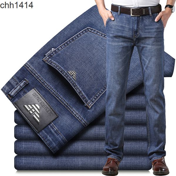 

armas jeans men's summer thin high waist elastic straight tube loose business brand men's pants, Blue
