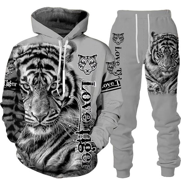 

men's tracksuits animal 3d tiger printed hoodie pants suit cool men/women 2 pcs sportwear tracksuit set autumn and winter men's cl, Gray