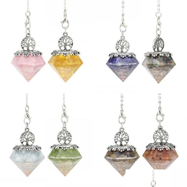 

pendant necklaces crystal pendum pendant with chain 6 facet healing pointed tree of life resin chip stones reiki for spiritual ncing dhlpt, Silver