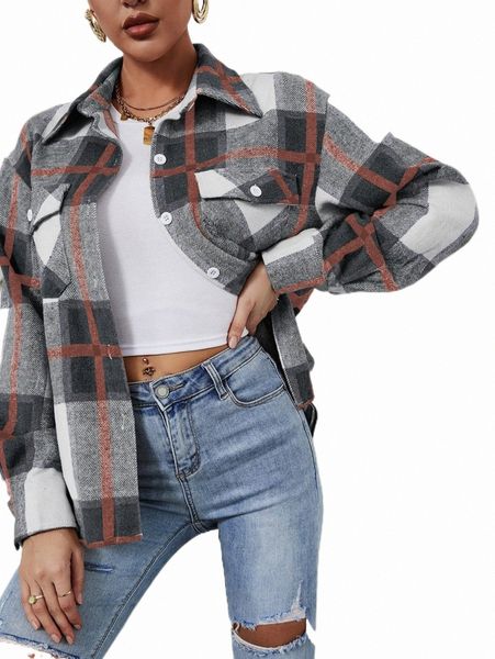 

women's blouses & shirts plaid flap pocket drop shoulder shirt p3zj#, White