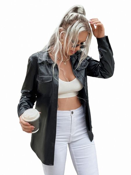 

women's blouses & shirts eilly bazar flap pocket pu leather shirt a4js#, White