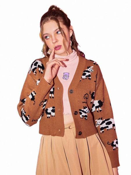 

women's sweaters romwe kawaii cow pattern button front cardigan s89u#, White;black