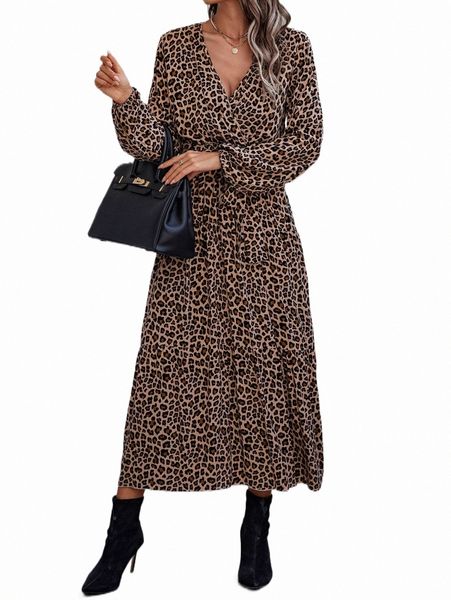 

casual dresses leopard print bishop sleeve ruffle hem belted dress b1hg#, Black;gray