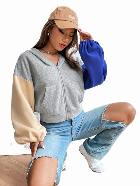 

women's hoodies & sweatshirts color block drop shoulder zipper hoodie 71r0#, Black