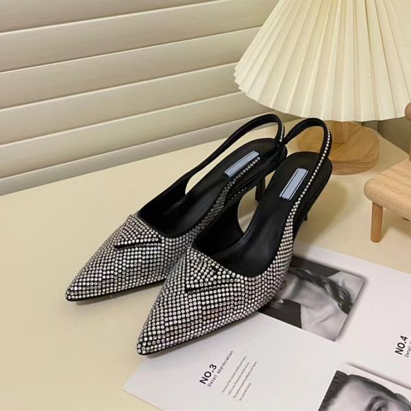 

women's sandals fashion designer high heels women's crystal drill dress slippers pointed jelly color wedding summer flat leather t, Black