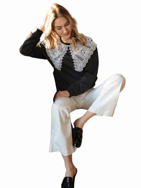 

women's hoodies & sweatshirts frenchy contrast lace drop shoulder sweatshirt y8ij#, Black