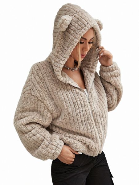 

women's jackets drop shoulder 3d ear design hooded teddy jacket 41bb#, Black;brown