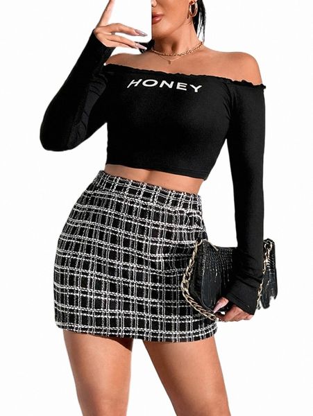 

two piece dress letter graphic off shoulder crop & plaid skirt 42bg#, White