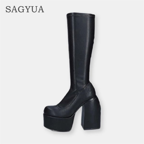 

boots autumn women high heels ankle winter fashion shoes chunky chelsea platform motorcycle party pumps 220908, Black