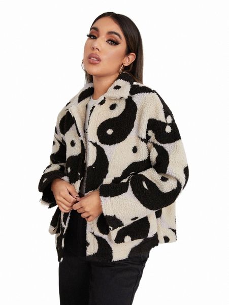 

women's down & parkas yin & yang print drop shoulder teddy coat 64my#, Black