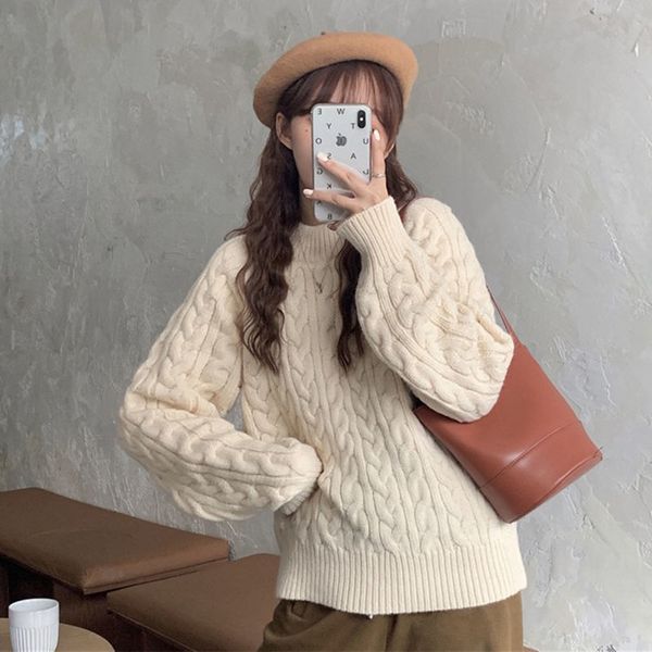

women s sweaters retro solid color twist striped sweater korean version loose round neck pullover knitted jacket autumn and winter 220908, White;black