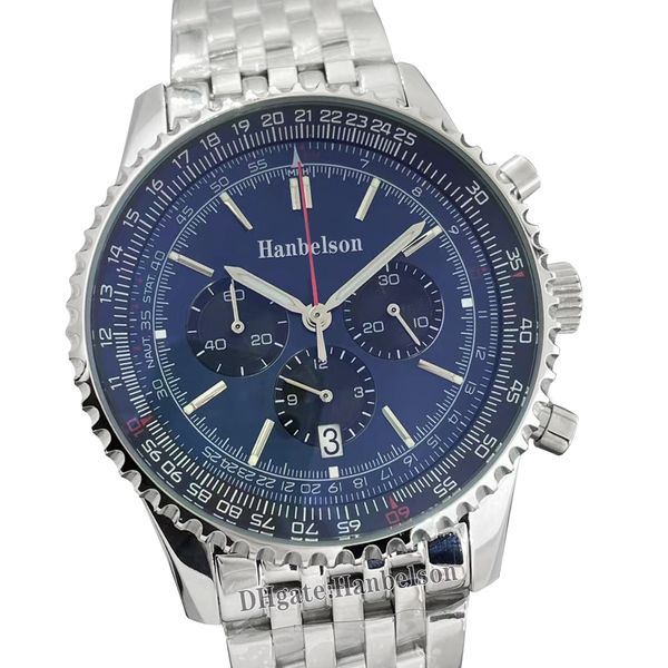 

b01 46mm watch vk chronograph quartz movement blue face steel case limited silver dial 70th anniversary men watch leather strap 1884 mens wr, Slivery;brown