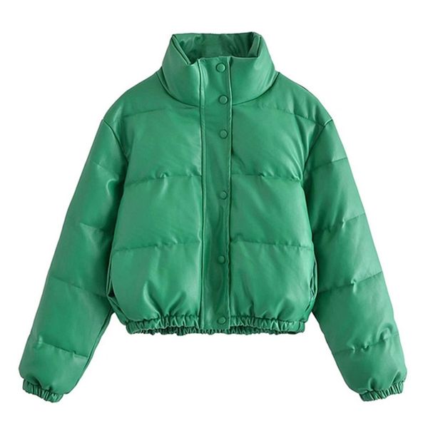 

women's down parkas traf women fashion faux leather thick warm padded jacket coat vintage long sleeve elastic hem female outerwear chic, Black