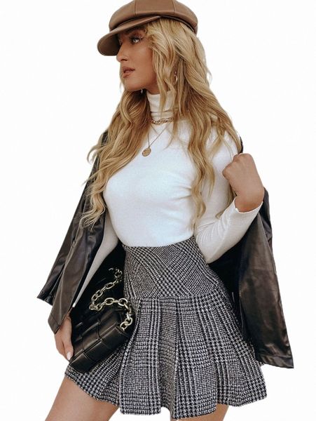

skirts high waist houndstooth wool-mix pleated skirt 09bv#, Black